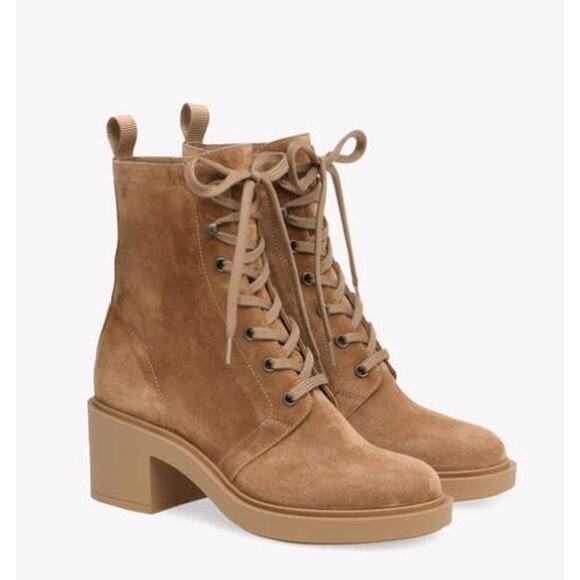 Gianvito Rossi Foster 45mm Suede Lace Up Boots in Beige - Picture 2 of 16
